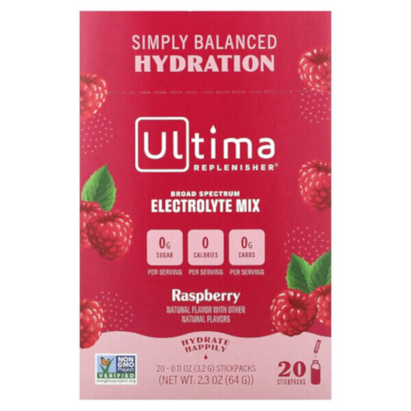 Электролитная добавка, малина, 20 пакетиков по 0,11 унции (3,2 г) каждый Ultima