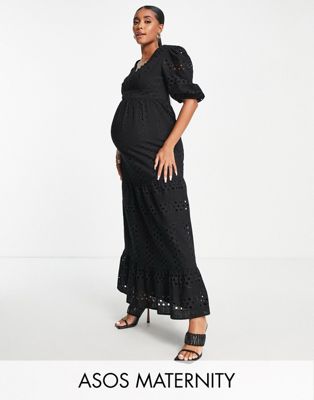 Черное ярусное платье миди с глубоким вырезом и воротником на пуговицах ASOS DESIGN Maternity ASOS Maternity