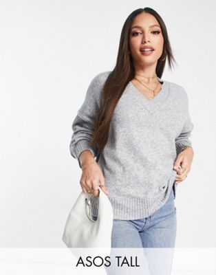Серый объемный свитер с v-образным вырезом ASOS DESIGN Tall ASOS Tall
