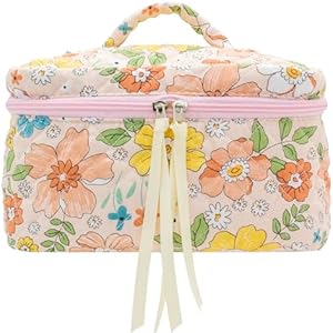 Косметичка PAZIMIIK Cotton Makeup Bag для женщин, большая, стеганая, дорожный косметический кейс, цветочный оранжевый PAZIMIIK