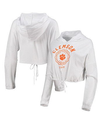 Women's White Clemson Tigers Poppy Cinched Cropped Hoodie Long Sleeve T-shirt Summit Sportswear