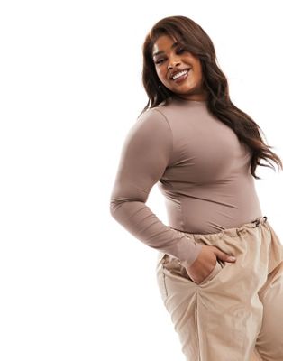 ASOS DESIGN Curve All Day smoothing bodysuit with long sleeves in taupe ASOS DESIGN