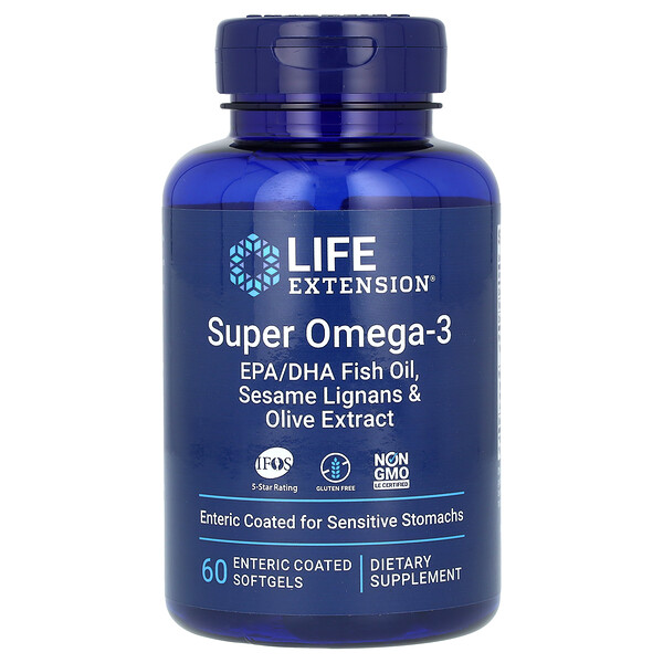 Супер Омега-3, рыбий жир ЭПК/ДГК, лигнаны кунжута и экстракт оливы, 60 мягких таблеток с кишечнорастворимой оболочкой Life Extension
