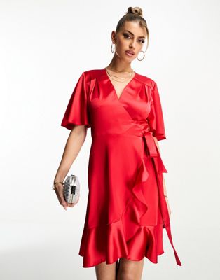 Красное атласное платье мини с запахом спереди и развевающимися рукавами Flounce London Flounce London