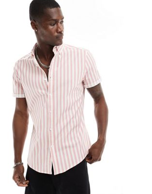 ASOS DESIGN stretch slim oxford stripe shirt in pink ASOS DESIGN