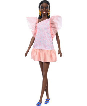 Fashionistas Doll 216 with Tall Body, Black Straight Hair and Peach Dress, 65th Anniversary Barbie