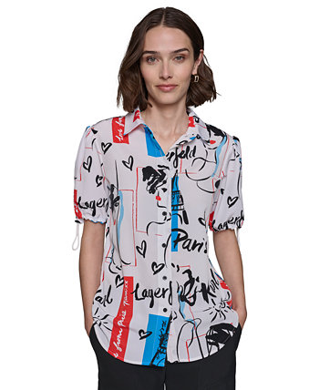 Women's Printed Bungee-Sleeve Button-Down Top Karl Lagerfeld Paris