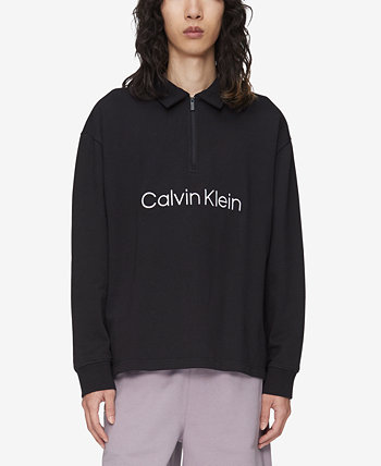 Мужская свободная посадка, стандартная махровая рубашка-поло с длинным рукавом и логотипом Calvin Klein