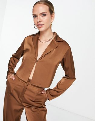 4th & Reckless clasp detail satin shirt in dark oak - part of a set  4TH & RECKLESS