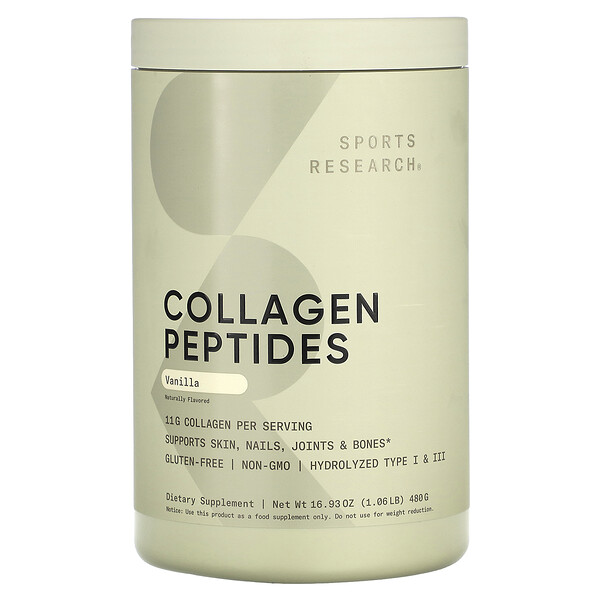 Collagen Peptides, Гидролизованный коллаген I и III типов, ваниль, 16,85 унций (477,65 г) Sports Research