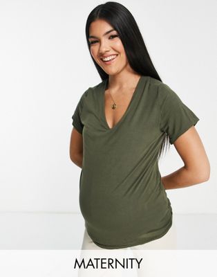 Flounce London Maternity fitted Stretch T-shirt in khaki Flounce London Maternity