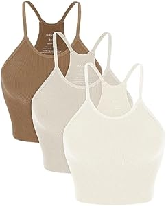 ODODOS Women's Crop 3-Pack Seamless Rib-Knit Camisole Crop Tank Tops Ododos