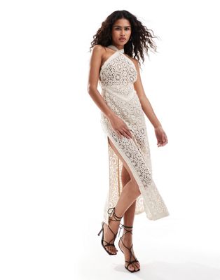Amy Lynn crochet halter midaxi dress with cut out back detail in natural Amy Lynn