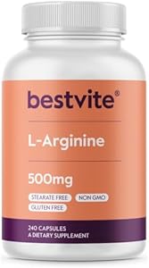 BESTVITE L-Arginine 500mg (240 Capsules) - No Magnesium Stearate - No Silicon Dioxide - No Fillers - Non GMO - Gluten Free Bestvite