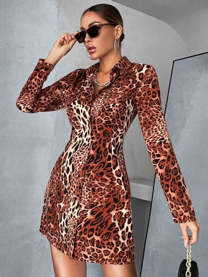 Платье-рубашка с леопардовым принтом на пуговицах SHEIN