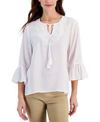 Women's Lace-Trim Bell-Sleeve Woven Top, Created for Macy's J&M Collection