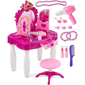 Prextex Beauty & Bliss Pretend Play Kids Makeup Table with Mirror and Chair, Fashion, Princess Play Set, Vanity Table with Makeup Accessories and Light and Musical Sound Effects for Toddler Girls Prextex