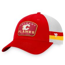 Men's Fanatics Branded Red/White Calgary Flames Fundamental Striped Trucker Adjustable Hat Fanatics