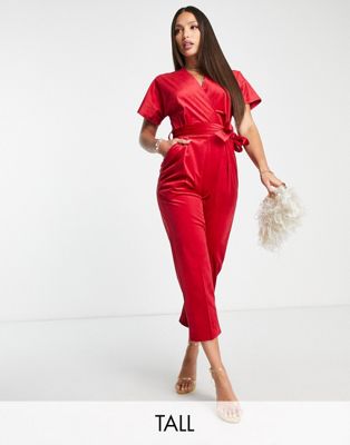 Closet London Tall velvet wrap jumpsuit in red Closet London Tall