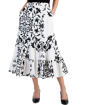 Women's Printed Pull-On Tiered Midi Skirt T Tahari