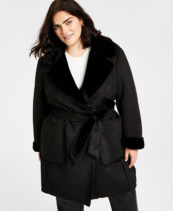 Женское пальто больших размеров из искусственной дубленки с поясом и зубчатым воротником DKNY