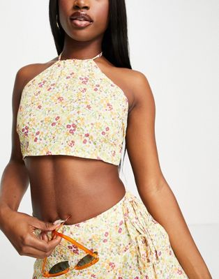 Fashion Union Exclusive beach halter crop top in ditsy floral print - part of a set Fashion Union