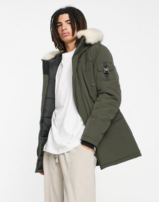 Sixth June parka jacket in khaki with faux fur hood and buckle detail Sixth June