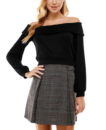Juniors' Off-The-Shoulder Ribbed Knit Sweater & Skirt Set Kingston Grey