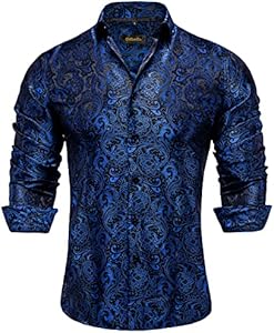 DiBanGu Mens Silk Paisley Dress Shirts,Long Sleeve Button Down Shirt Casual Regular Fit Shirt for Men Wedding Party DiBanGu