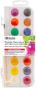 BAZIC 16 Color Watercolor & Brush, Washable Vibrant Coloring Painting Set Art Supplies, Non-Toxic Great for Kids Beginners Artist Professional, 1-Pack Bazic Products