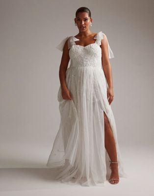 Женское свадебное платье ASOS DESIGN Curve Mila с цветочным узором и ремешками-бантами в цвете слоновой кости ASOS Curve