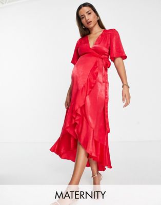 Flounce London Maternity wrap front midi dress with flutter sleeves in red satin Flounce London Maternity