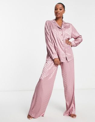 Loungeable Petite satin jacquard spot revere pajama set in rose Loungeable Petite