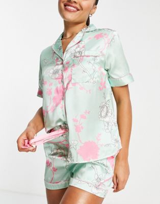 Короткая пижама Liquorish с атласным цветком мятного и розового цветов Liquorish