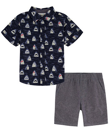 Little Boys Short Sleeve Shark-Print Poplin Shirt and Chambray Shorts, 2 Piece Set Kids Headquarters