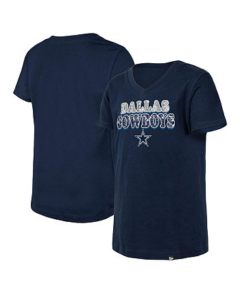 Темно-синяя футболка с V-образным вырезом и обратными пайетками для больших девочек Dallas Cowboys New Era