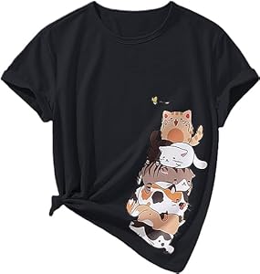 BINTEHGS Cute Shirts for Girls Short Sleeve Cat Graphic Tees Crewneck Cartoon Casual Cotton T-Shirt Kids Summer Tops Clothes BINTEHGS