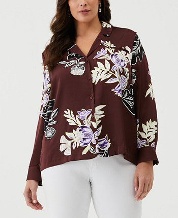 Plus Size Floral Print Long Sleeve Shirt with Piping ELLA rafaella