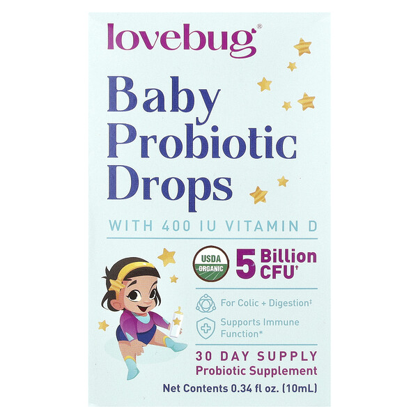 Капли пробиотиков для детей с витамином D 400 МЕ, 10 мл LoveBug Probiotics