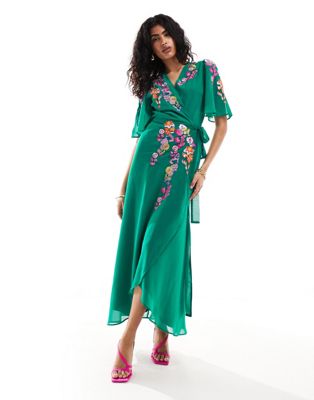 Hope & Ivy embroidered wrap maxi dress in bright green Hope & Ivy