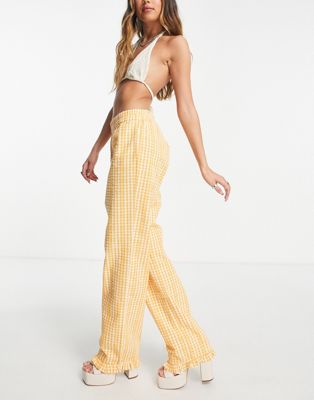 Envii straight leg pants with ruffle hem in apricot check - part of a set Envii