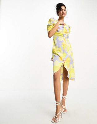 Атласное платье миди с разрезом спереди Vila сиренево-желтого цвета с цветочным принтом Vila