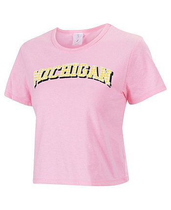 Women's Pink Michigan Wolverines Gingham Logo Cropped T-shirt ZooZatz