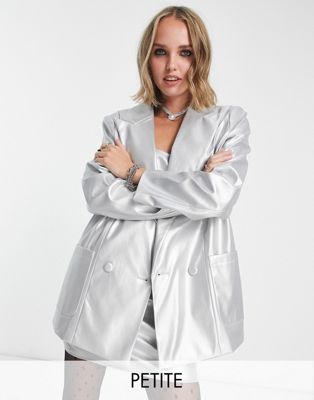 4th & Reckless Petite leather look oversized blazer in silver - part of a set 4th & Reckless Petite