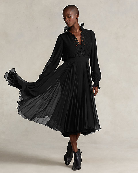 Платье из жоржета со складками и кружевной отделкой Ralph Lauren