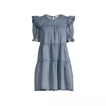 Джинсовое многоярусное мини-платье с пышными рукавами STELLAH