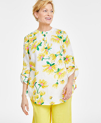 Women's 100% Linen Floral-Print Woven Tab-Sleeve Tunic, Created for Macy's Charter Club