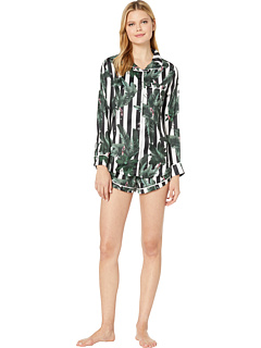 Silky Striped Jungle Print Long Sleeve & Shorts Pajama Set Plush