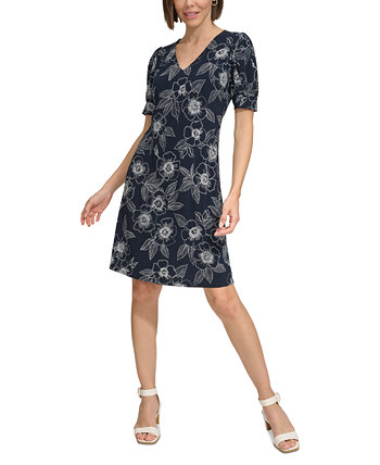 Женское платье прямого кроя с v-образным вырезом и пышными рукавами и цветочным принтом Tommy Hilfiger
