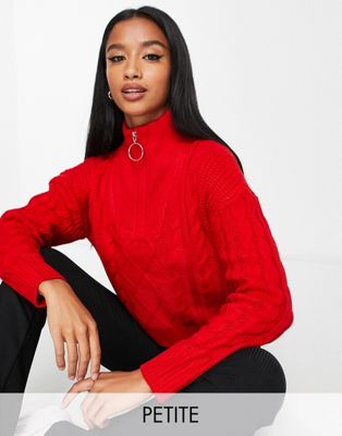 Brave Soul Petite tanya half zip cable knit sweater in red Brave Soul Petite